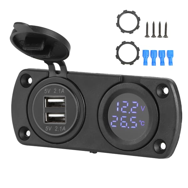 Temperatur Voltmeter Oplader Bil Dobbelt USB 12V Strømudtag Cigartænder Stik Blå