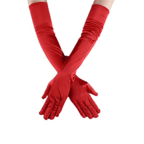 Lange satinhandsker til kvinder, formelle satinhandsker, bryllupshandsker, bankethandsker, performancehandsker, balhandsker, dansehandsker, rosenrød White