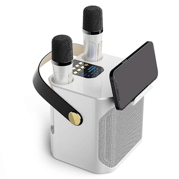 Tehokas Karaoke Bluetooth -kaiutin kahdella mikrofonilla, valkoinen