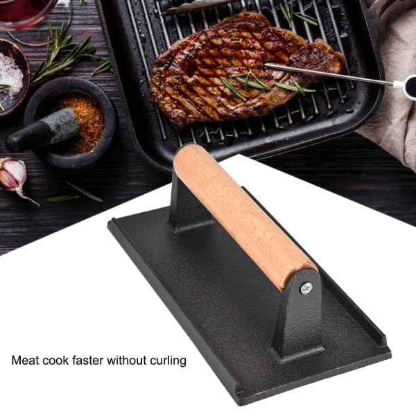 Kommerciel støbejernsbøf vægt træhåndtag Bacon Grill Hamburger Press