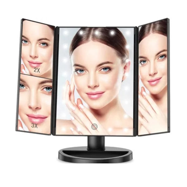 LED Vanity Mirror Tre Fold USB Sort med Datakabel Lille Spejl Makeupspejl til Soveværelse Daglig