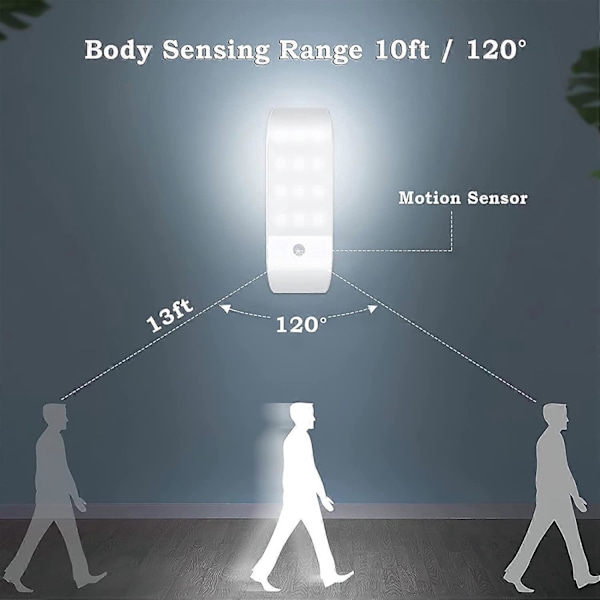 Automatisk Lys, Bærbar Bevegelsessensor Lys, 3 Modus Nattlys 12 LED USB Oppladbar med Magnetisk Klistremerke Varmt Lys for Garderobe/Gang/Trapp