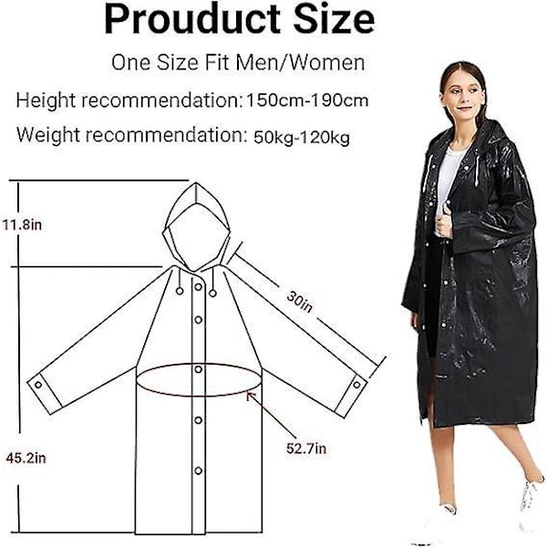 Poncho, 2 stk. sort genanvendelig regnslag poncho, regn poncho til mænd og kvinder, voksen regnslag med hætte vandreture camping regntilbehør