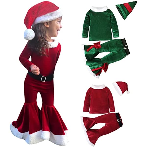 Barn Julkläder Set Långärmad Utsvängda Byxor Sammet Jul Tomtedräkt 4PCS Outfits Set för Baby 2-5 År Present