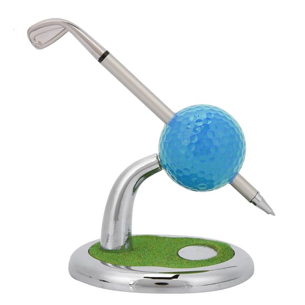 Golfboldpenholderstativ med pen og ur skrivebordsindretning golfgave (blå)