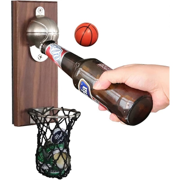Magnetisk Ølflaskeåpner, Retro Veggmontert Flaskeåpner med Korksamler Basketball