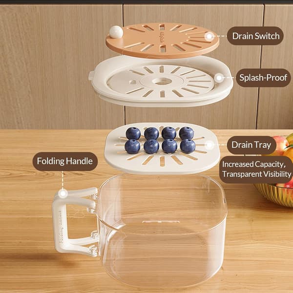 Fruit Strainer, 2-in-1 Drainage Basket, Fruit Strainer Container with Lid, Drainage Basket with Foldable Handle, Suitable for Washing Fruits and Vegetables (B