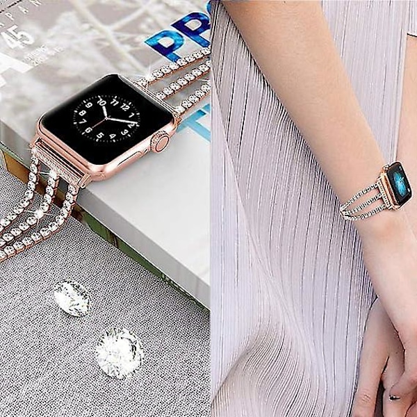Justerbar ersättningsrem i läder och rostfritt stål för Iwatch 38-40 mm Series 1-5, utsmyckad med strass, designad för kvinnor