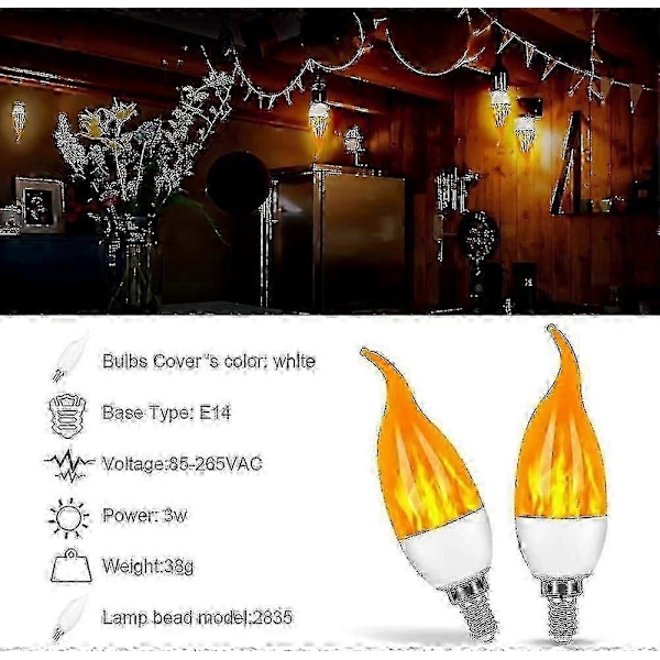 4-pak 3w E14 LED-pære med flammeeffekt og 3 lystilstande, dekorativ pære