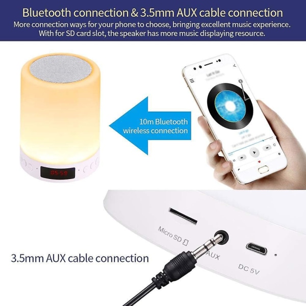 Kannettava Bluetooth kaiutin Smart LED-yövalolla ja kosketushimmennettävällä yövalolla, USB lataus, RGB-värinvaihto