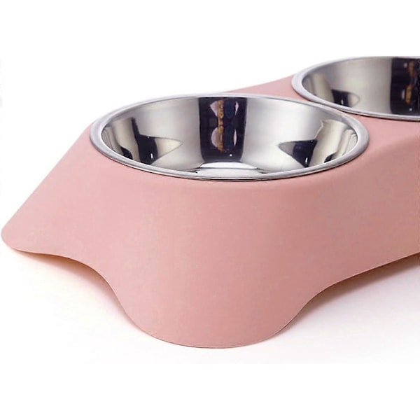 Dobbelt Hundeskål, Skridsikker Spildfri Dobbelt Skål i Rustfrit Stål med 1 Madske til Små Hunde og Katte (M, Pink)