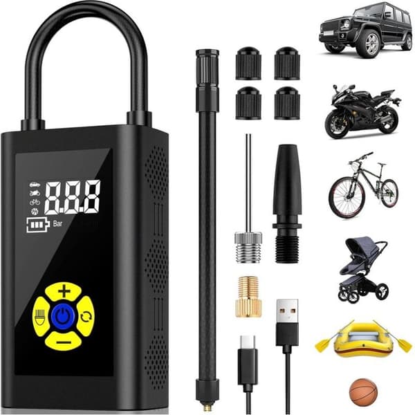 Bärbar luftkompressor – bildäckspump med LCD-skärm – 150 PSI – 2000mAh uppladdningsbart batteri med nödljus