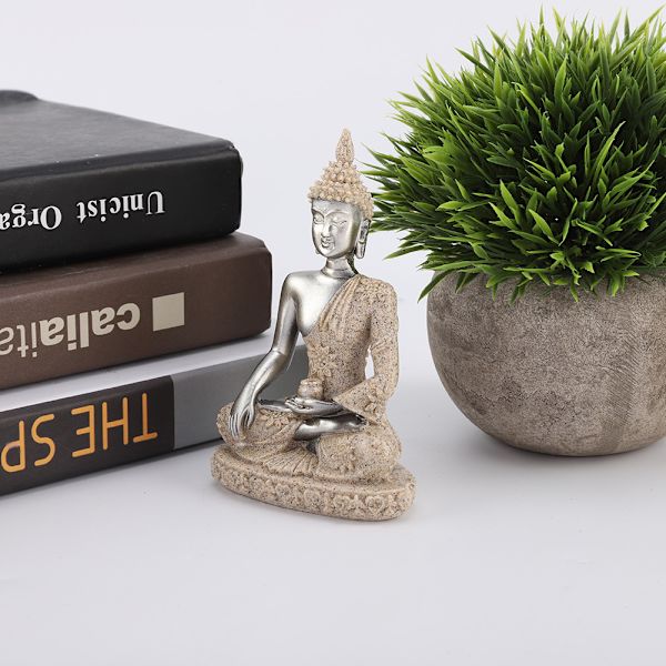 Mediterande sittande Buddha-statyetsnideri hantverk för heminredning bordsdekoration (#1)