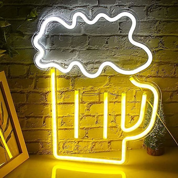 One Piece LED Neonljus Ölglasformad Neonskylt Väggdekorativ Gul Vit Neon för Bar Pub Nattklubb Restaurang Butik Festdekoration