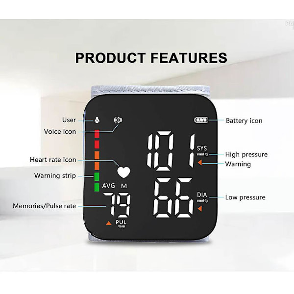 Automatisk Talande Armbandsblodtrycksmätare med Fullskärms LED-Display