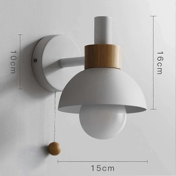 Modern Vägglampa, Vägglampa i Järn och Trä med Dragströmbrytare, E27 Rund Vägglampa, Sänglampor, Läslampor, Belysning för Sovrum Vardagsrum, Vit