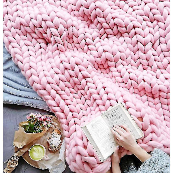 Tykk strikket rosa ullpledd 80x80cm