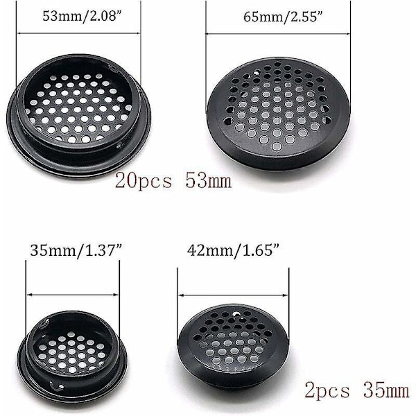 20-pack Rund Luftventilgaller i Rostfritt Stål för Husbil/Badrum/Kök. etc Svart 53mm