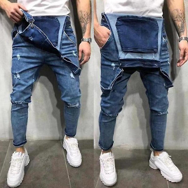 Mörkblå Rivna Denim Overaller med Suspender för Män