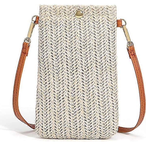 Hvide Crossbody Tasker, Casual Vævede Stråtasker til Kvinder, Vævede Skuldertasker, Mobiltelefontasker