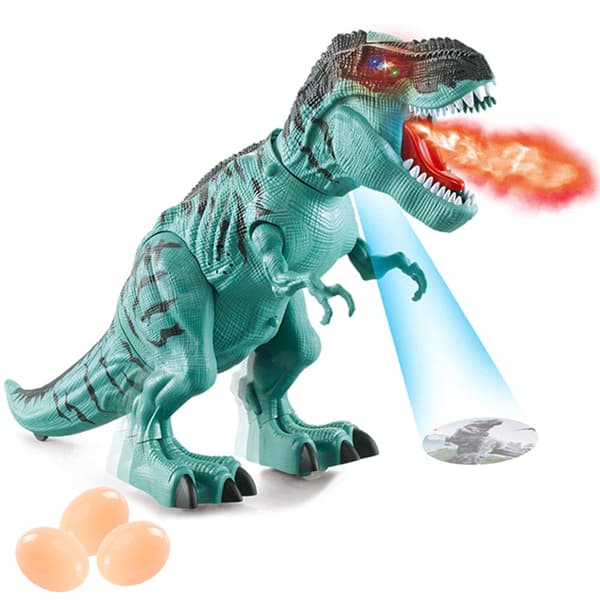 Elektronisk gående dinosaur med projeksjon, spraytåke og eggleggende dinosaurleke
