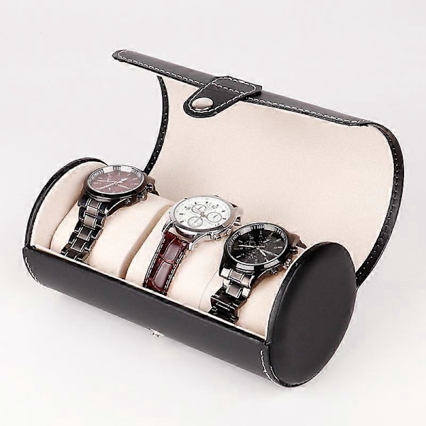 Rese-klockförvaringsfodral - 3 Positioner PU Läder Cylindrisk Klockbox (Svart)