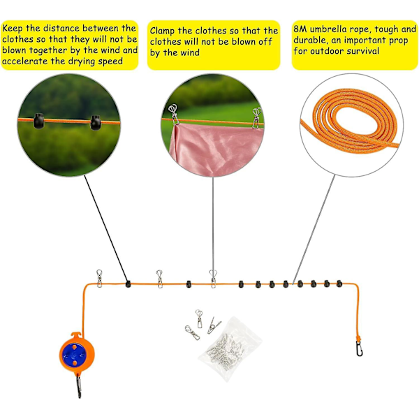 Bærbar Inntrekkbar Klesline - Perfekt for Camping og Reise - 8m Klesline med Festebeslag
