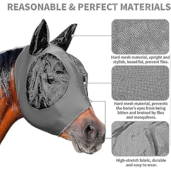 Heste Flue Maske, Flue Masker For Hester Med Ører, Glatt Elastisk Lycra Flue Maske, Unngå Heste Flue Og Uv Beskyttelse(grå, Full (stor)) -DGJR