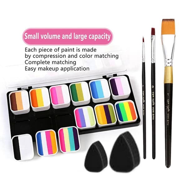 Face Paint Kit 1-Stroke 12 Split Cake Palette, Vattenaktiverad Kroppsmålningssats med 3 Penslar 2 Svampar