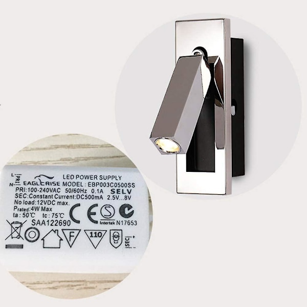 Minimalistisk LED-väggmonterad läslampa, 3W väggspotlight med strömbrytare för hotellsovrum sängbord