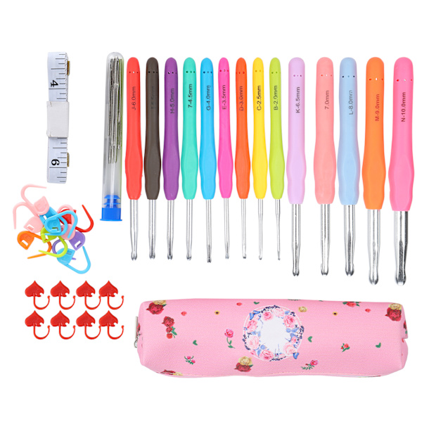Virka nål set TPR mjukt handtag nålar kit DIY stickning verktyg hushållsartiklar C1‑rosa väska