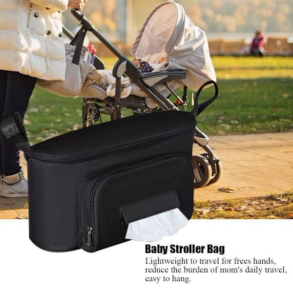 Multifunksjonell babyvogn med stor kapasitet, hengende veskeorganisator, oppbevaringspose, bleieflaskeholder, svart, uten stropp