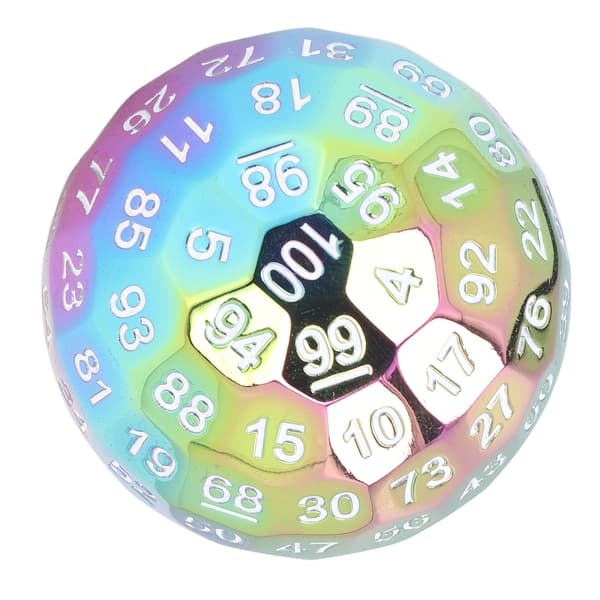100-siders polyedrisk tallterning i metall, 5 cm diameter, lettlest med fløyelspose for over 14 år, pletteringsfarge
