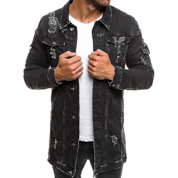 Trendy lang ripped denimjakke for menn, perfekt for vår og høst XL SVART