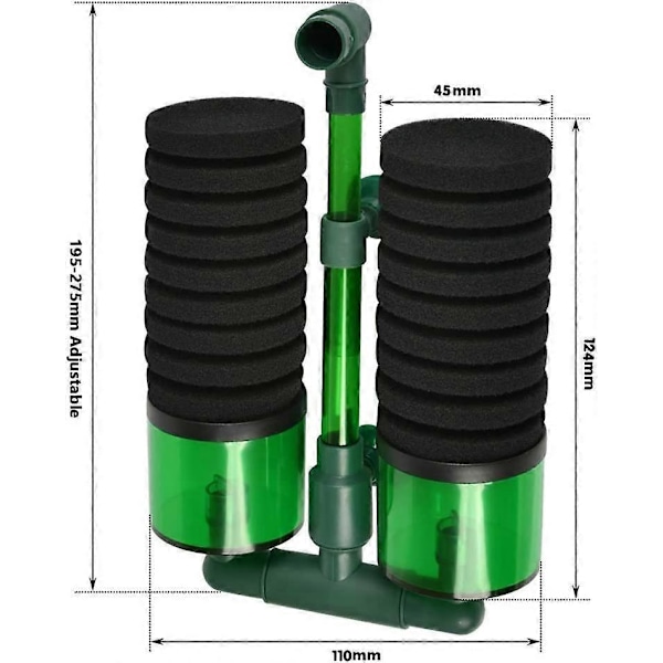 Dobbelt svampefilter til akvarium Svampefilter Luftpumpfilter til akvarium op til 210L Akvariefilter med sugekop