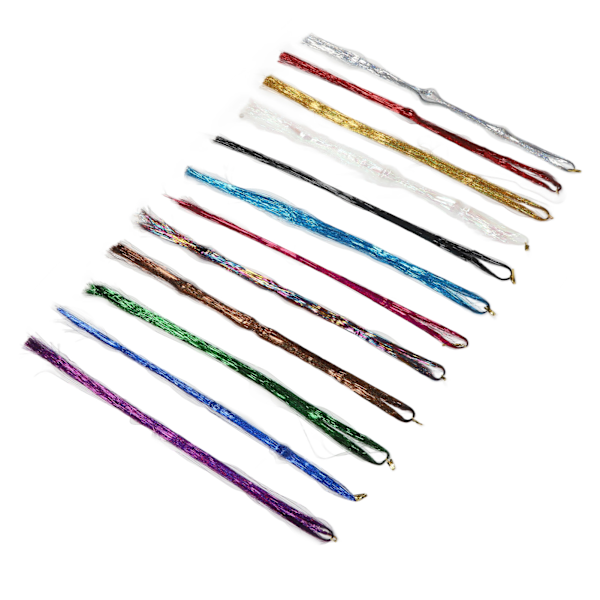Fargerike hårstrikker med glitter - 12 tråder med 1,2 m lasertråd, tang, heklenål og 3# hårforlengelsesklips