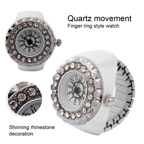 Finger Ring Watch Shining Rhinestone Dekoration Quartz Ring Watch for WomenWhite