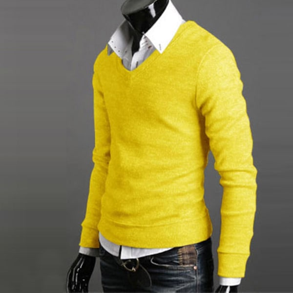 Enkel V-hals strikket sweater - Herre langærmet pullover L Gul