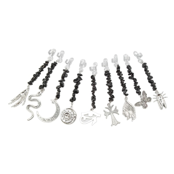 9PCS Skjeggpynt Dreadlock-anheng DIY Hår-flette Tilbehør Metallfjær Sorte Steiner