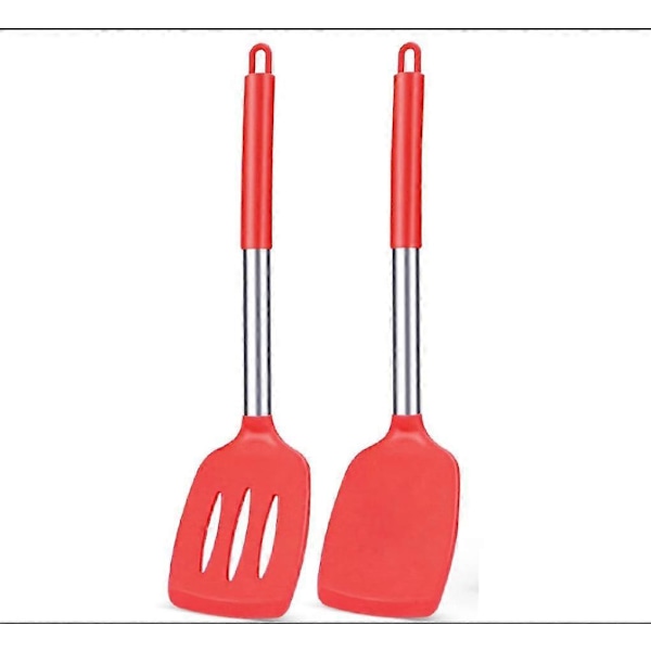 2-pak Kraftige Silikone Køkkenspatler, Non-Stick, Varmebestandige, BPA-fri, Ideelle til Fisk, Æg, Pandekager (Rød)