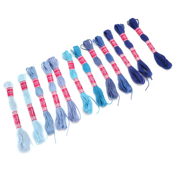 12 stk. broderitråd med gradient lyse farver i polyester til broderielskeres gruppe-håndarbejde (blå serie)