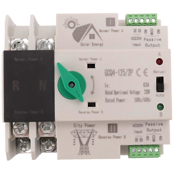 Fotovoltaisk Solenergi Automatisk Omkopplare DIN-skena 2P 63A AC220V PV-System Ström till Stad P