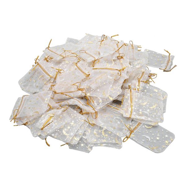 100 stk Moon Star Organza-tasker 2,8x3,5 tommer gennemsigtige Organza-snøreposer Snøre-gaveposer til bryllupsfest Hvid