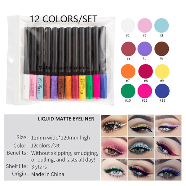 Matt flytande eyeliner 12 färger vattentät högpigmenterad färgglad eyeliner pennset
