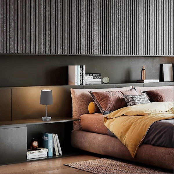 Moderne design bordlampe, grått stoff, matt nikkel metallbase, for E14 LED-pære, IP20