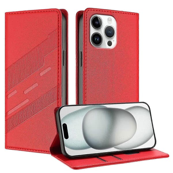 25-26 Deksel til iPhone 16 Pro Max, PU-skinn Folio Flip Kickstand Støtsikkert Telefondeksel - Mørkegrønn Red