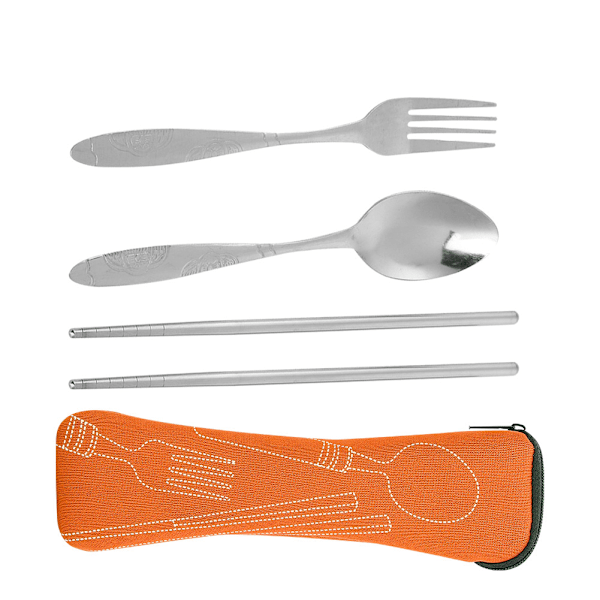 Bärbar sked, gaffel och ätpinnar i rostfritt stål med förvaringsväska, campingbestickset (orange)