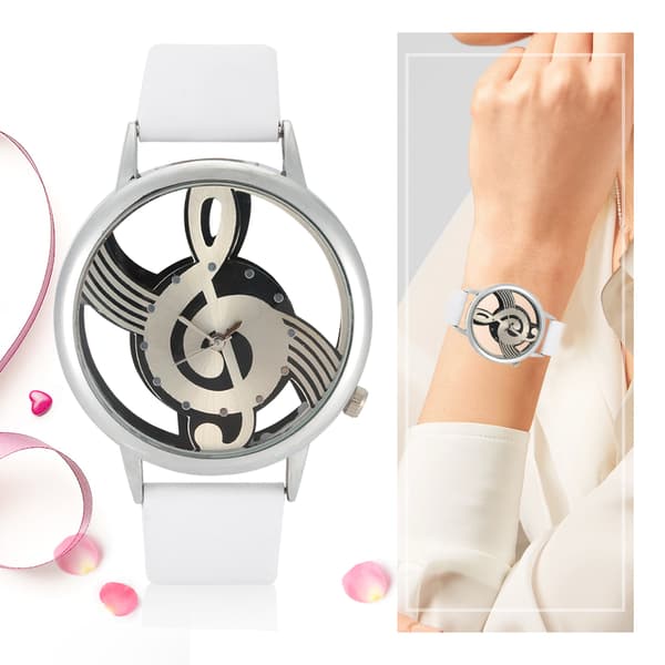 Quartz Analogt Par Klokke Rund Hul Musikknote Skive PU Stropp Armbåndsur (Hvit Stropp)