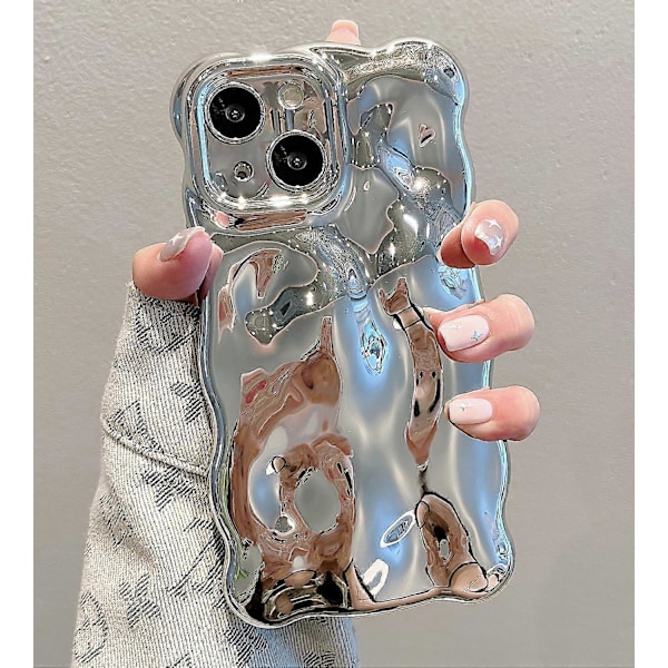 Silver - iPhone 15 6,1 tum, Krullig Vågformad Ram Stötsäker Silikon Ultralätt och Tunt Skal, Mjukt 3D-Format Telefonskal Stötfångarskydd Anti-Gulning