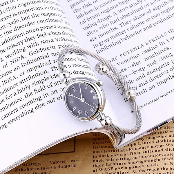 Lady Analog Rund Kvartslegering Armband Öppen Armband Watch Armbandsur (romerska siffror Svart Urtavla)